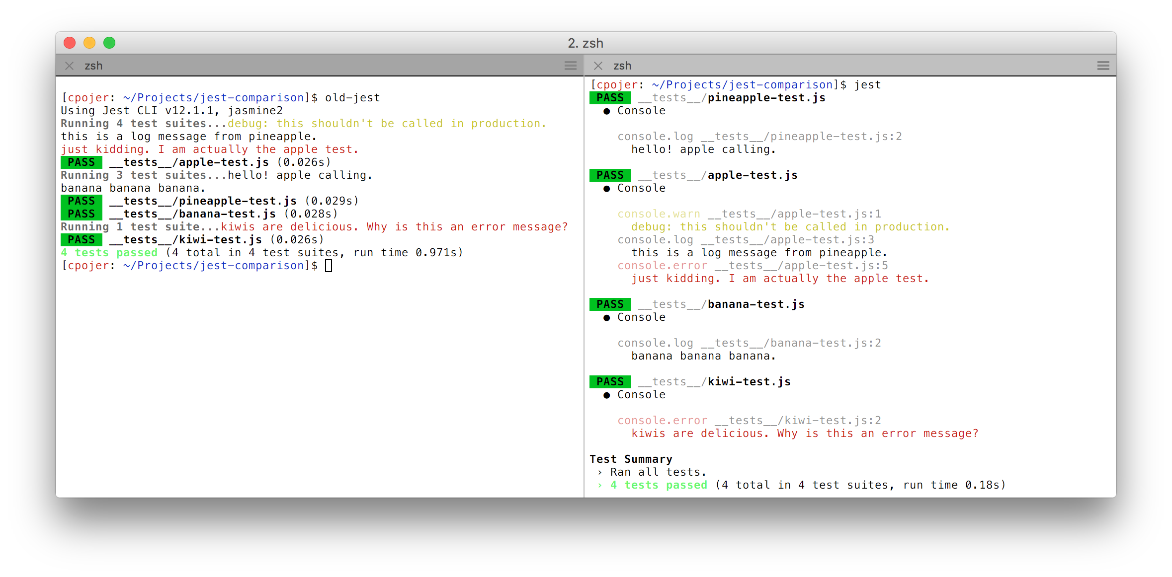 Comparaison des sorties console