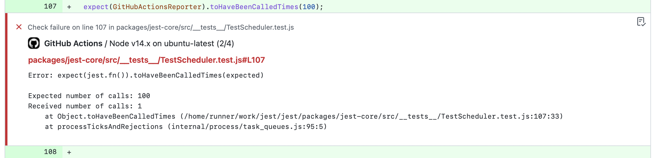Captura de tela de erro de teste no GitHub Actions